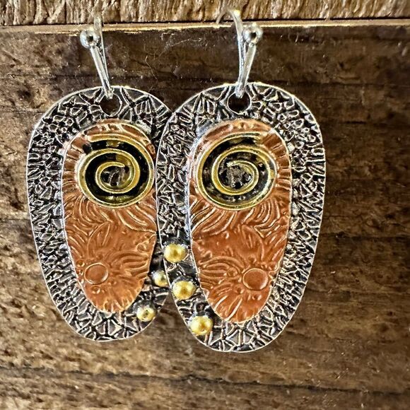 Handcrafted Bohemian Hippie Copper Dangle Earring, Retro Ethnic Style , Gift Box - Picture 3 of 9